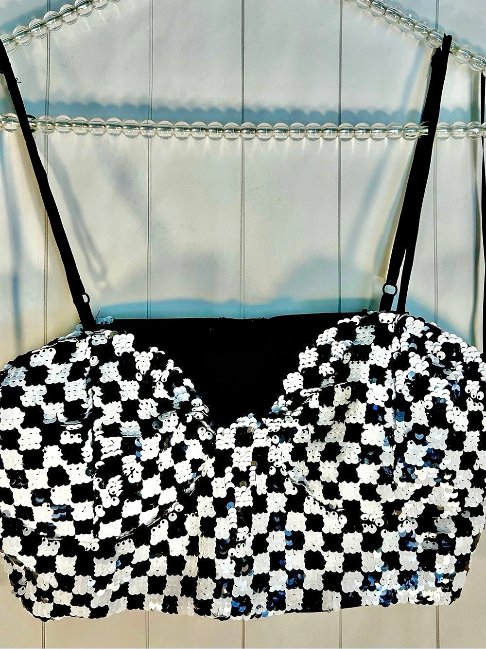 Meraki Checkered Sequin Crop Top Black & White XS Like New